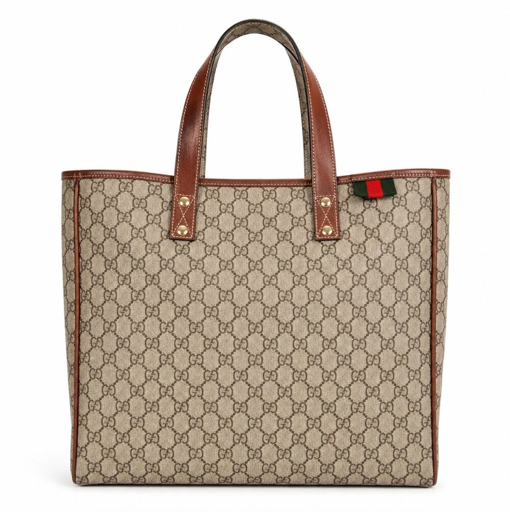 GUCCI GG Supreme Monogram Tote Bag Web Loop Gray Brown $1295
